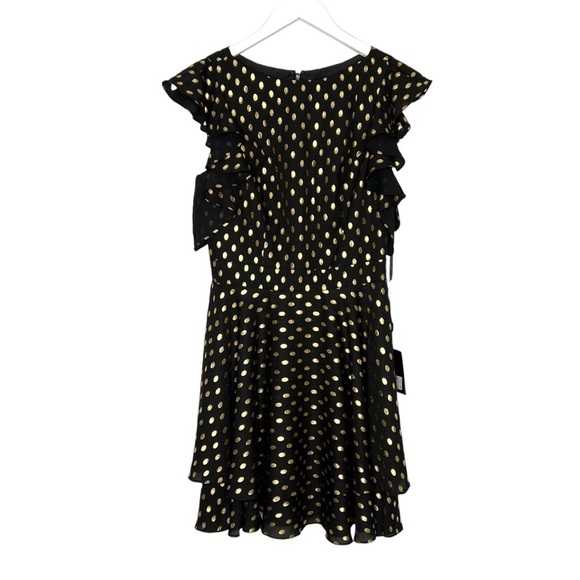 IEENA FOR MAC DUGGAL Ruffle Polka Dot Mini Dress Black Gold Size 4 NEW - Picture 7 of 16